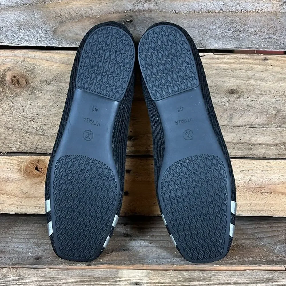 Black Ribbed Ballet Flats with Silver Stripes and Removable Bows